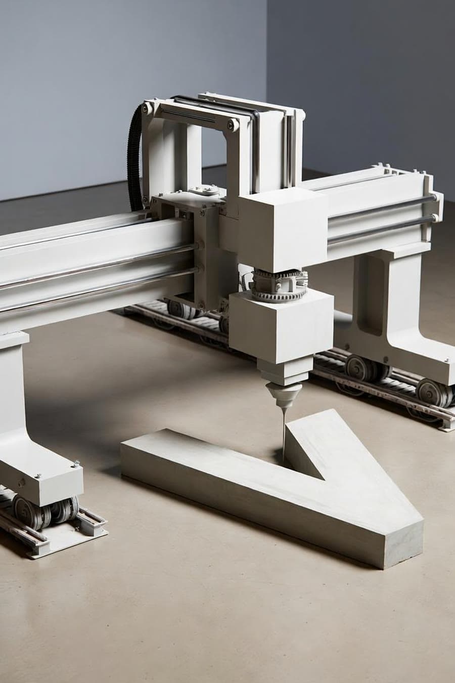 A gantry 3D concrete printer printing the ConCore V logo in concrete